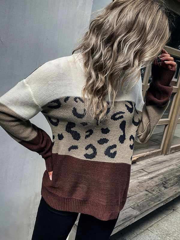 Fashion Casual Women's Long Sleeve Leopard Print Contrast Sweater