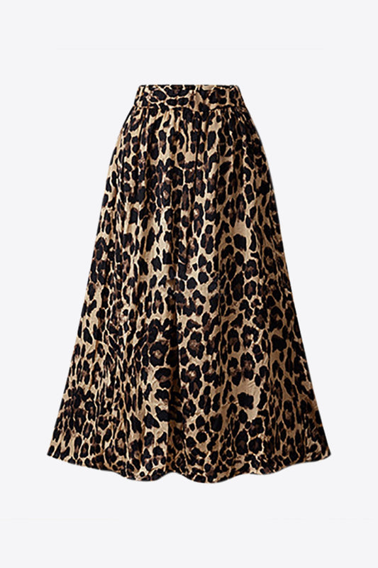 Plus Size Leopard Elastic Waist Midi Skirt