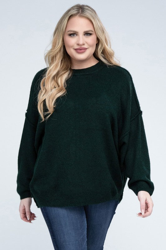 Plus Oversized Round Neck Raw Seam Melange Sweater