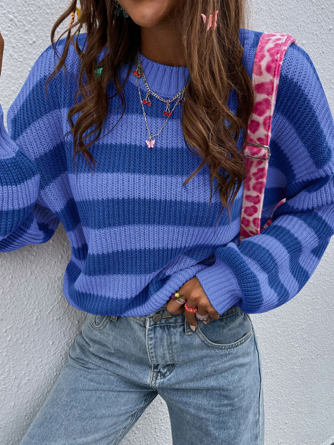 Honey Striped Round Neck Long Sleeve Sweater