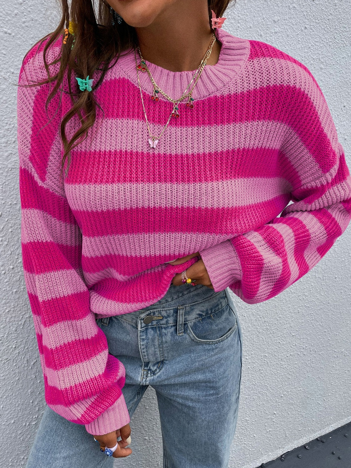 Honey Striped Round Neck Long Sleeve Sweater