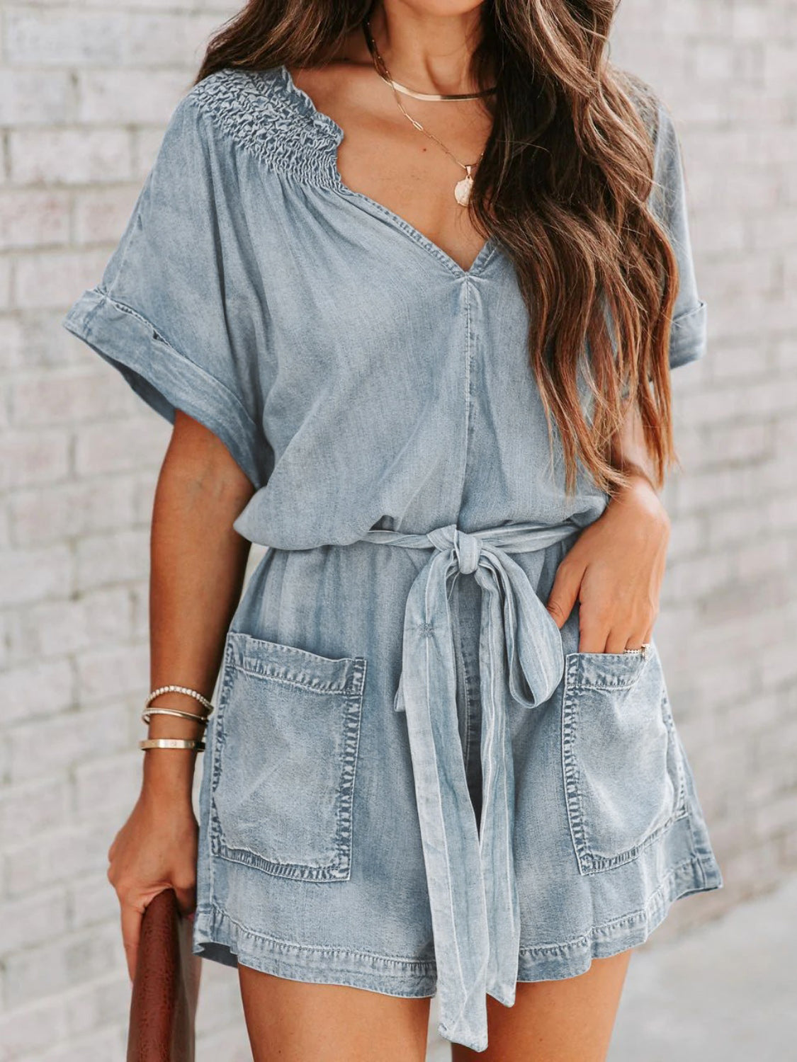 Notched Tie Waist Denim Romper