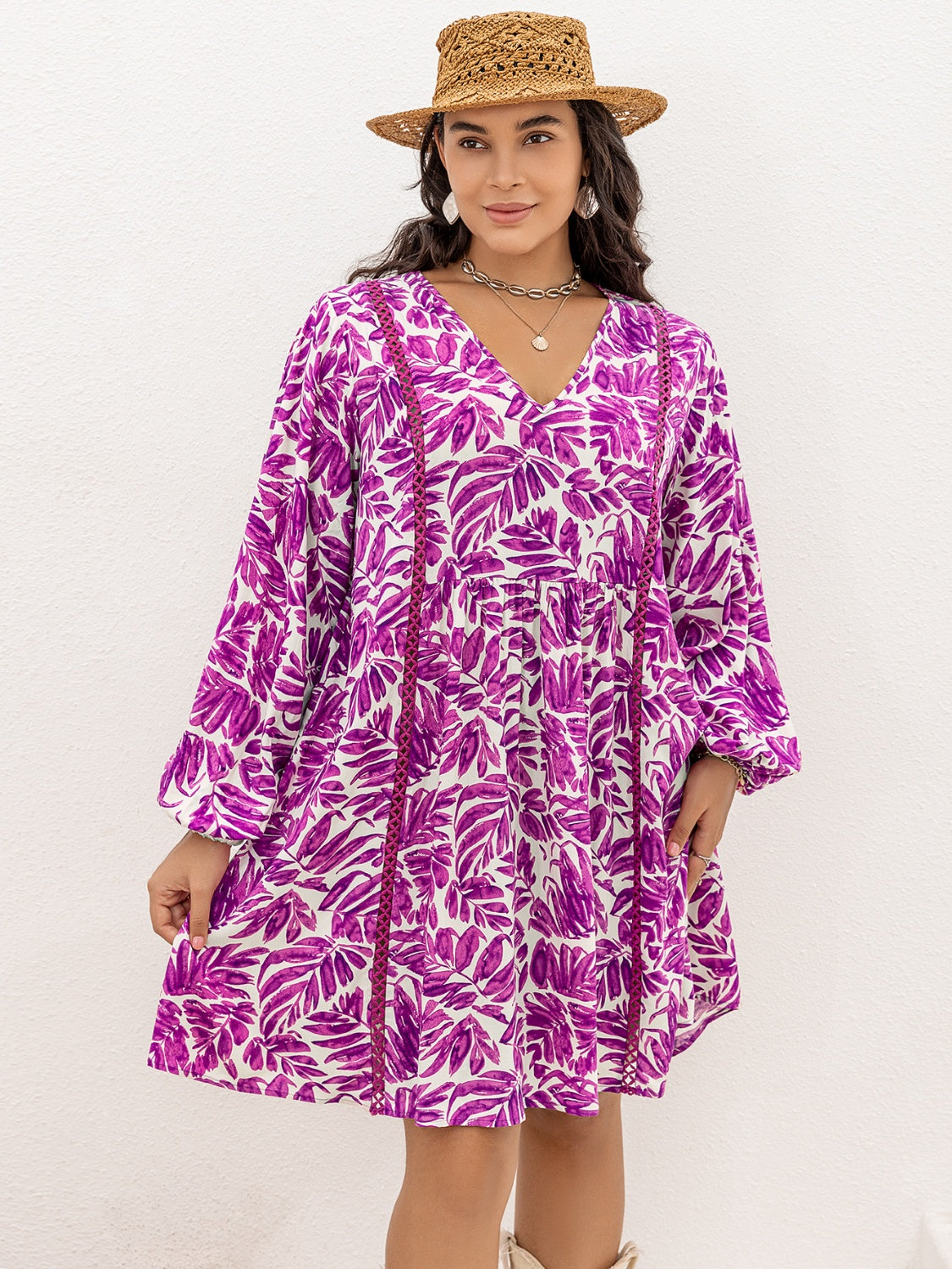 Plus Size Printed V-Neck Balloon Sleeve Mini Dress