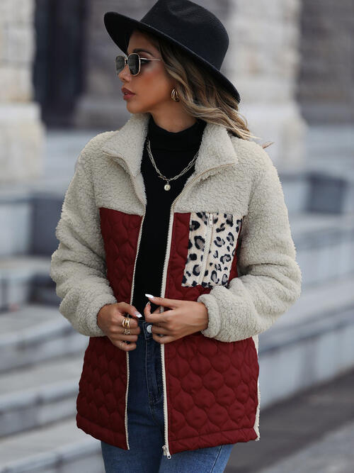 Leopard Color Block Zip-Up Jacket