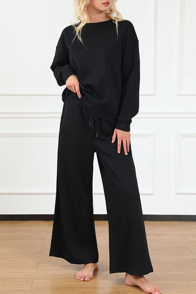 Double Take Textured Long Sleeve Top and Drawstring Pants Set