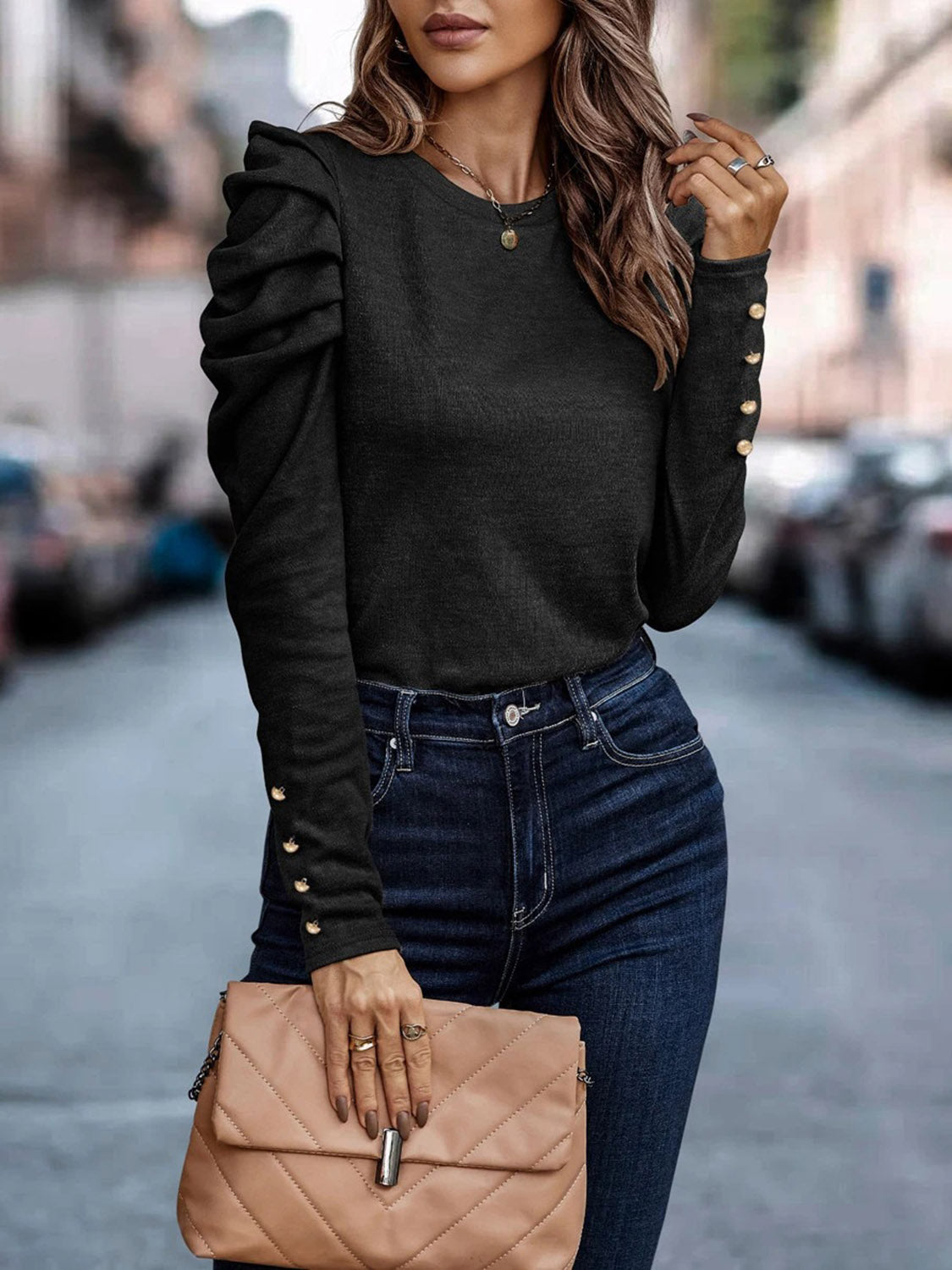 Button Puff Sleeve Sweater