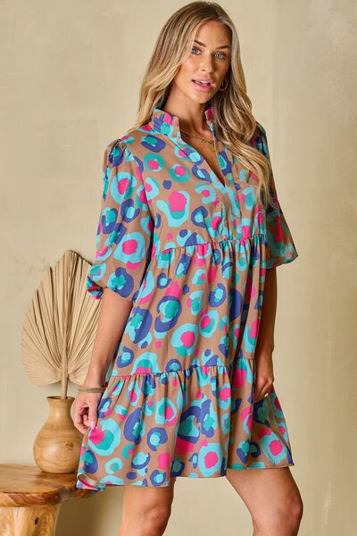 Notched Balloon Sleeve Mini Dress