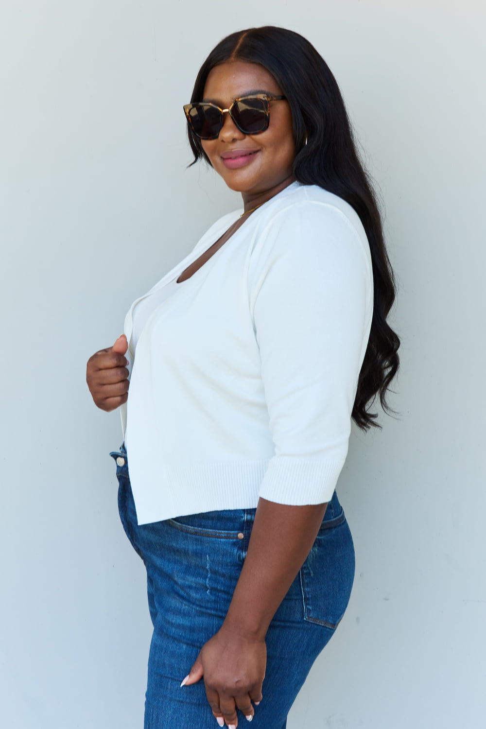 My Favorite Full Size 3/4 Sleeve Cropped Cardigan in Ivory