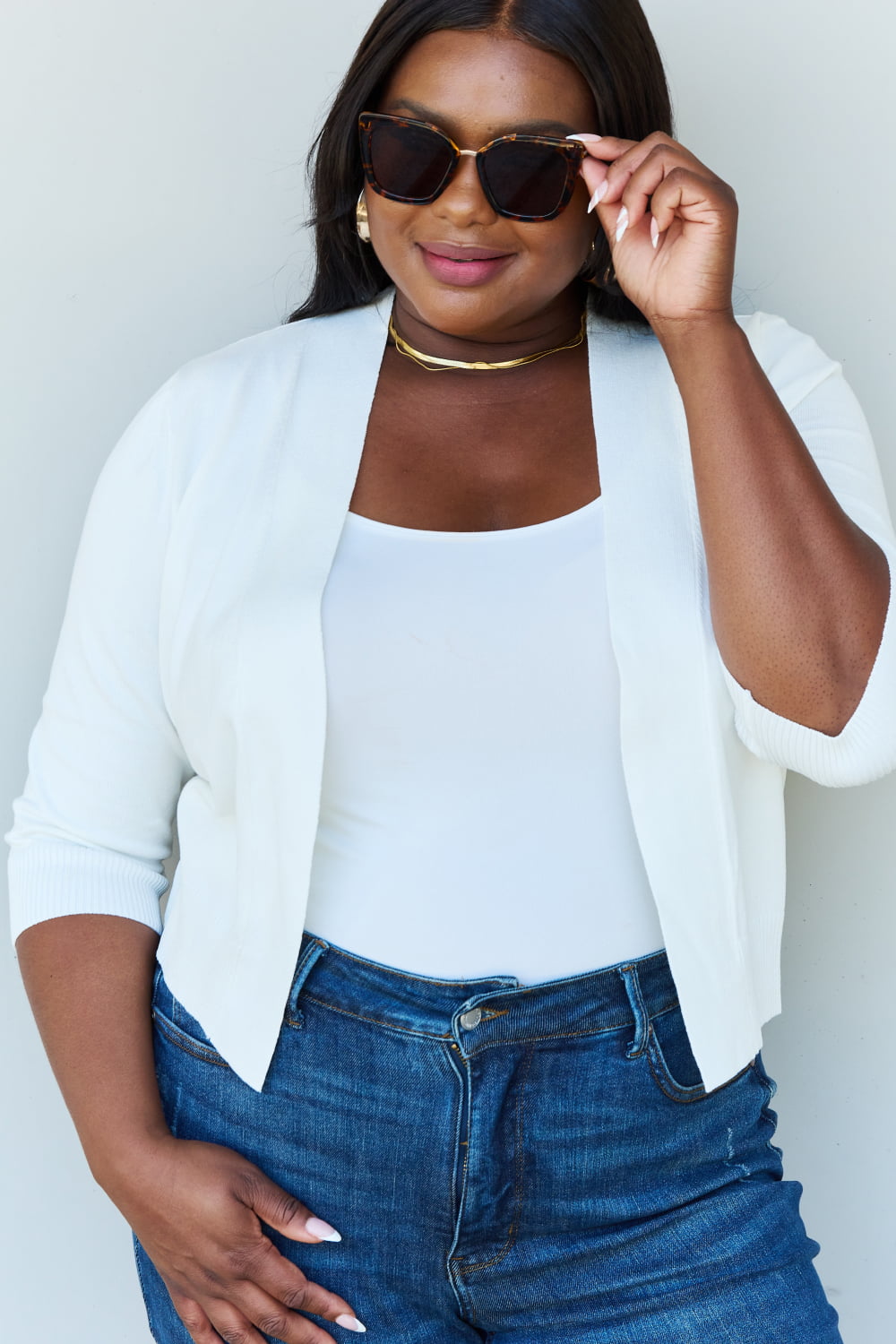 My Favorite Full Size 3/4 Sleeve Cropped Cardigan in Ivory