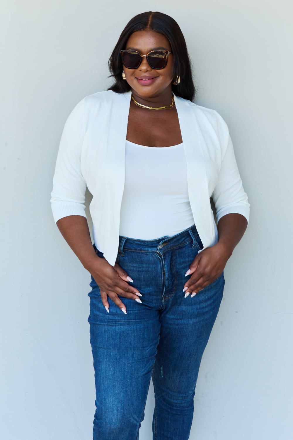 My Favorite Full Size 3/4 Sleeve Cropped Cardigan in Ivory