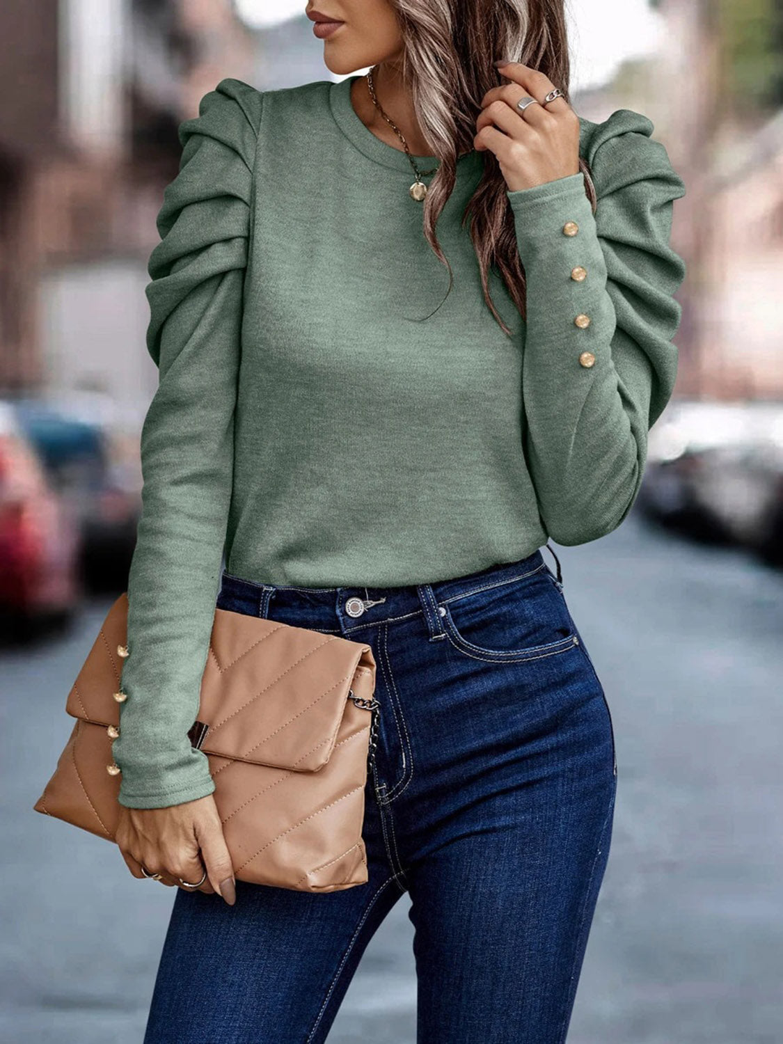 Button Puff Sleeve Sweater