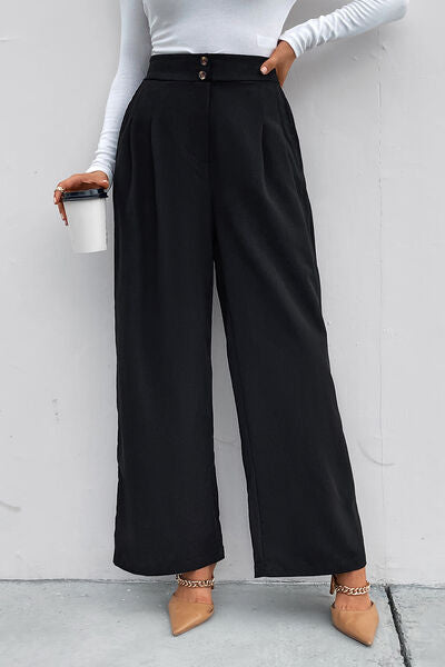 High Waist Ruched Pocketed Wide Leg Pants