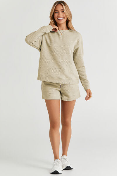 Double Take Textured Long Sleeve Top and Drawstring Shorts Set