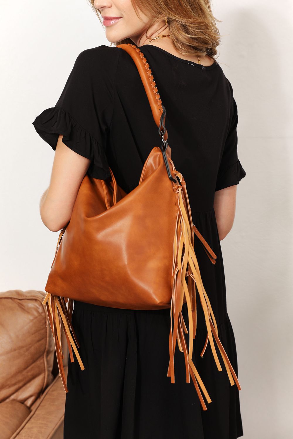 Leather Fringe Detail Shoulder Bag