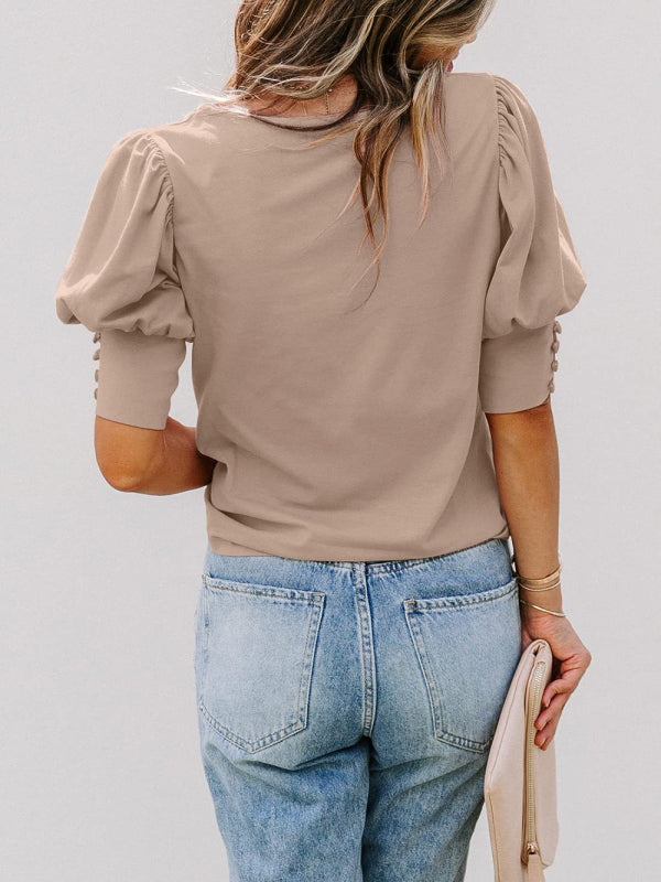 Women's Solid Color Puff Sleeve Crew Neck Blouse