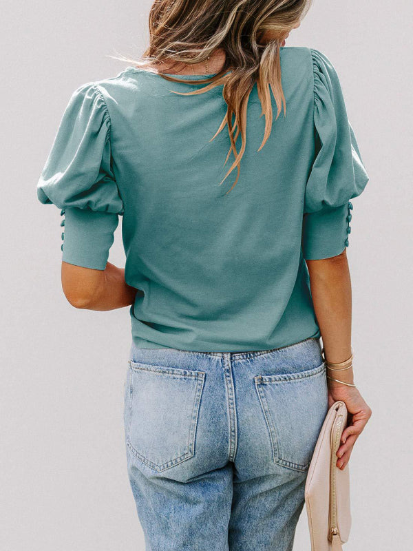 Women's Solid Color Puff Sleeve Crew Neck Blouse