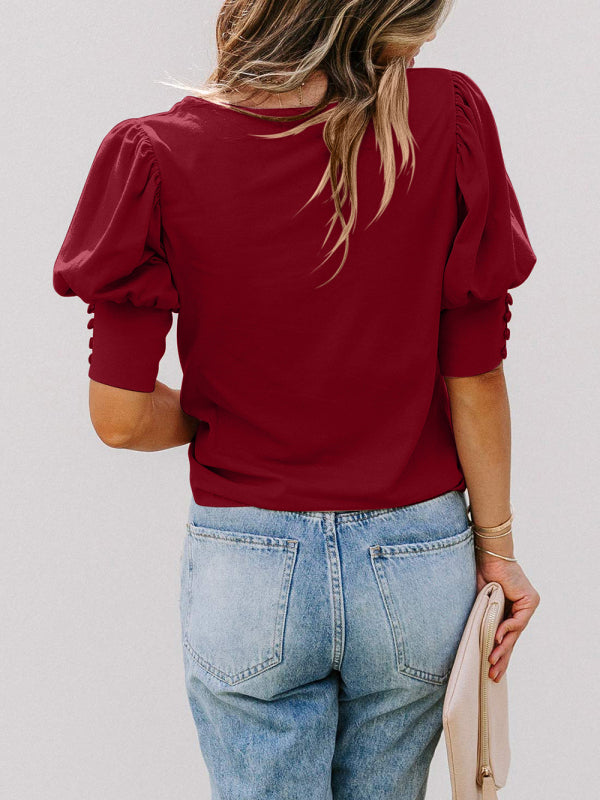 Women's Solid Color Puff Sleeve Crew Neck Blouse