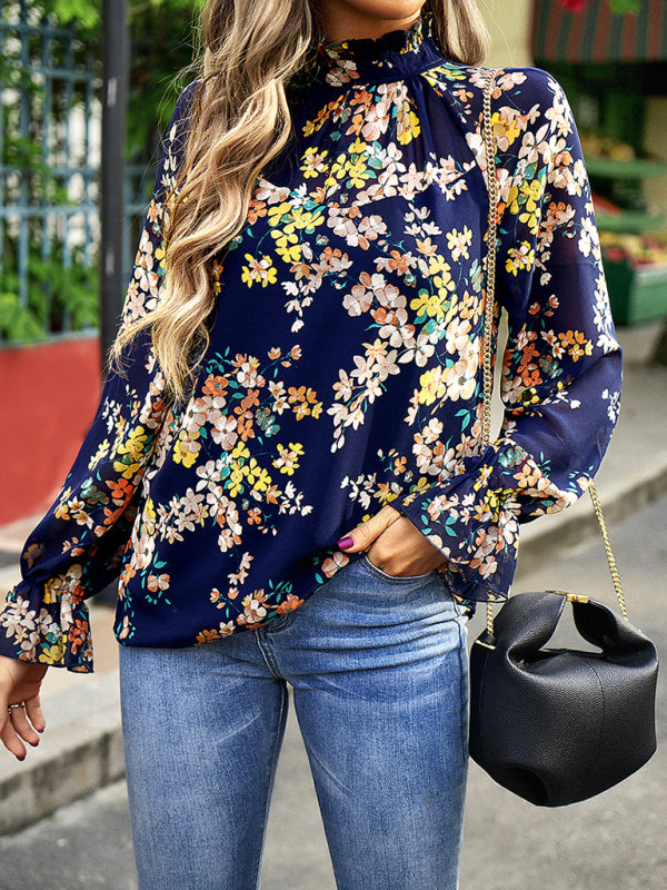 Plant print ruffled shirt